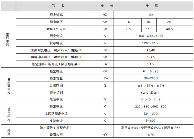 预装式箱式变电站性能参数